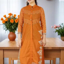 FCK-3 Floral Printed Mandarin Collar Cotton Straight Kurta-image-0