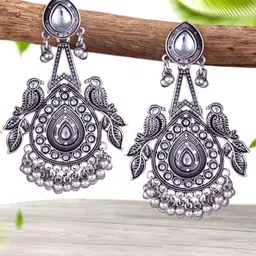 Sangria Silver-Plated Kundan-Studded Oxidised Drop Earrings image 2