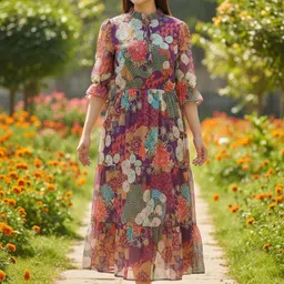 Santati Floral Print Puff Sleeve Georgette Fit & Flare Midi Dress-picture-23