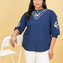 Honey Curvytude by Pantaloons Embroidered Cotton Plus Size Top-image-2