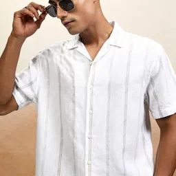 HIGHLANDER Men Cuban Collar Vertical Striped Cotton Relaxed Fit Casual Shirt-picture-15