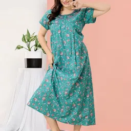 Soulemo Women Pure Cotton Short Sleeves Floral Printed Maxi Nightdress-picture-23