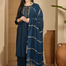 Sangria Women Ethnic Motifs Embroidered Regular Thread Work Kurta with Palazzos & With Dupatta-picture-17