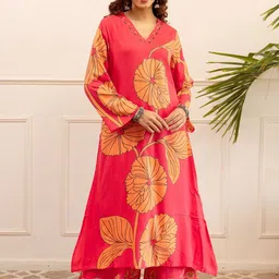 AUTUMN LANE Kabool Tomatoes Floral Printed Thread Work Pure Cotton Kurta With Palazzo-image-65