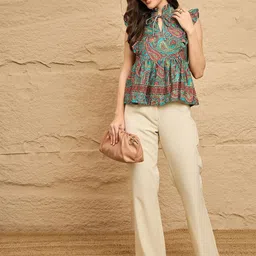 DRAPE AND DAZZLE Paisley Print Tie-Up Neck Peplum Top image 5