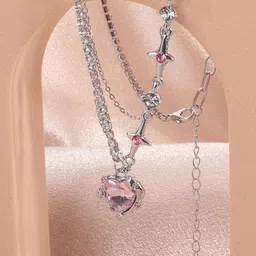 FIMBUL Stainless Steel Heart & Star Charm Stone-Studded Layered Necklace-image-13