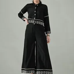 Myshka Embroidered Shirt Collar Shirt & Wide Leg Trousers-image-26