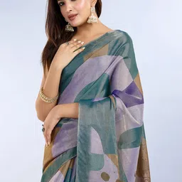 HERE&NOW Cream Printed Art Silk Block Print Sarees image 4