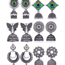 MEENAZ Set Of 6 Silver-Plated Oxidized Dome Shaped Jhumkas-image-65