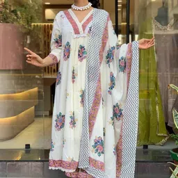 Zaierra Boutique Women Floral Printed Panelled Pure Cotton Kurta with Trousers & With Dupatta-picture-35