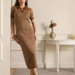 Globus Women Brown Collared Neck Acrylic Geometric Pattern Side Slit Midi Bodycon Dress-picture-13