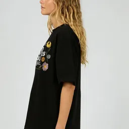 MISCHIEF MONKEY Typography Printed Drop-Shoulder Sleeves Oversized Cotton T-shirt image 3