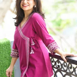 Desi Sandook Ethnic Motifs Embroidered V-Neck Thread Work Pure Cotton Thread Work Angrakha Kurti image 3