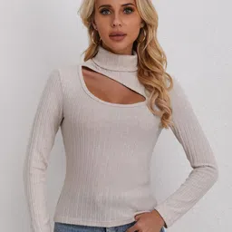 Outzidr Women Solid Front Cut Out Long Sleeve Rib Top-image-49
