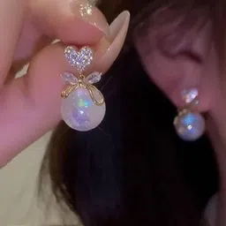 LIMINE JEWELS Steel Gold-Plated American Diamond Studded Korean Spherical Drop Earrings image 3