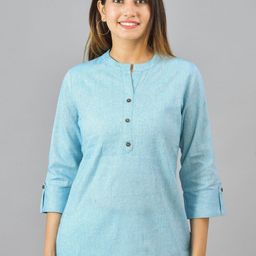 Anouk Rustic Women Mandarin Collar Roll-Up Sleeves Cotton Top-picture-1