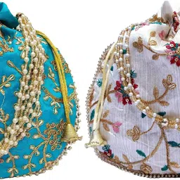 athizay Women Blue, White, Gold Potli-picture-25