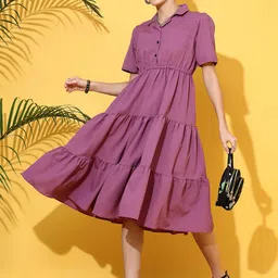 Honky Tonky Women Tiered Shirt Collar Puff Sleeves Crepe Fit & Flare Midi Dress-image-84