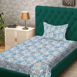 KLOTTHE Blue Floral Printed 300TC Fitted Single Bedsheet Set 2.25m x 1.50 m-image-60