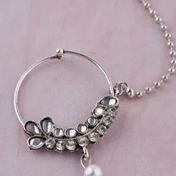 GC PREMIUM JEWELLERY Silver-Plated CZ Studded And Pearls Beaded Oxidised Chain Nosepin image 3