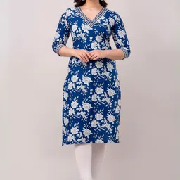 Vnyashri Women Floral Printed V-Neck Pure Cotton Straight Kurta-picture-12