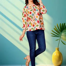 KHANJAN FASHION Floral Printed Tie-Up Neck Puff Sleeve Crepe Top image 3