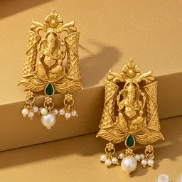 ORANGENYSHA Gold-Plated Stones Studded And Beaded Geometric Shaped Temple Drop Earrings image 5