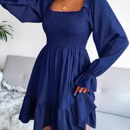 valardoh Square Neck Puff Sleeve Smocked Crepe Fit & Flare Dress-image-0