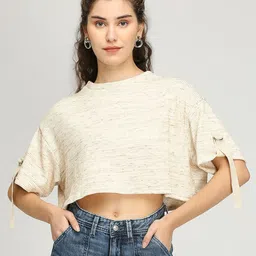 IZEL Women Self Design Round Neck Cotton Boxy T-shirt-image-74