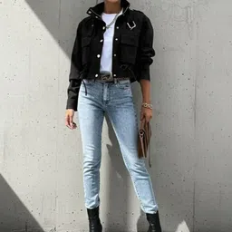 HERE&NOW Women Stand Collar Solid Denim Jacket-picture-22