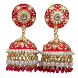 Zeviel Gold-Plated Kundan Studded & Pearls Beaded Dome Shaped Jhumkas image 4