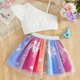 INCLUD Girls Self Design One Shoulder Crop Top with Skirt-picture-42