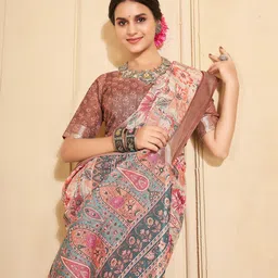 Garden Vareli Ethnic Motifs Printed Zari Pure Linen Saree With Blouse Piece image 5