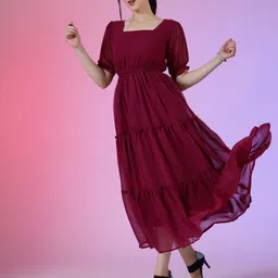 Krunal Raiyani Women Puff Sleeve Tiered Fit & Flare Maxi Dress-image-56