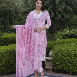 Jaitpuriya Women Floral Printed Regular Pure Cotton Kurta with Trousers & With Dupatta image 2