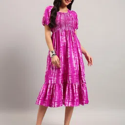 Raiyani Fashion Tie and Dye Dyed Puff Sleeve Crepe A-Line Midi Dress-picture-27