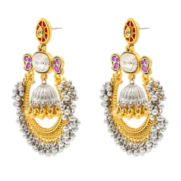 Shining Jewel - By Shivansh Gold-Plated CZ Pearls Studded & Ghungroo Beaded Jhumkas image 2