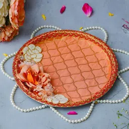 eCraftIndia Orange & White 3 Pieces Stainless Steel Karwa Chauth Thali Set image 3