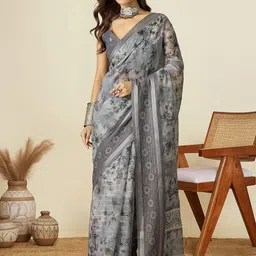 House of Pataudi Digital Printed Linen Bagh Saree With Matching Blouse Piece-picture-20
