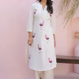 Indo Era Animal Embroidered Regular Thread Work Pure Cotton Kurta With Palazzos image 4