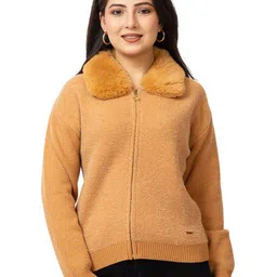 LASOON Women Woollen Cardigan with Zip Detail Detail-image-5