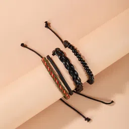 KPOP Men Set Of 3 Artificial Beaded Leather Wraparound Bracelet-picture-12