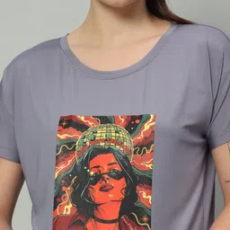 mkh Women Graphic Print Crew Neck Polyester Grey T-Shirt image 4