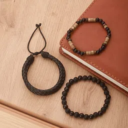The Roadster Lifestyle Co Men Set Of 3 Beaded Elasticated &Leather Wraparound Bracelet-picture-20
