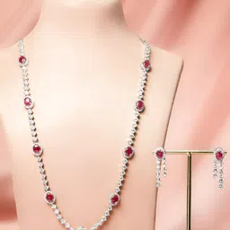 Rubans Rhodium-Plated Ruby Red & Cubic Zirconia Stone Luxury Statement Long Necklace Set-picture-37