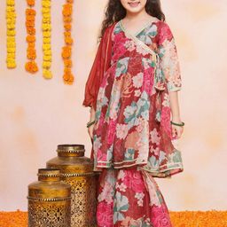 BAESD Girls Printed Angrakha Gotta Patti Pure Cotton Kurta With Sharara With Dupatta Set-picture-3