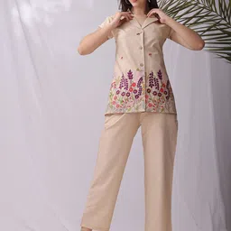 BEYOND ETHNIC Embroidered Shirt Collar Pure Cotton Tunic With Trousers image 3