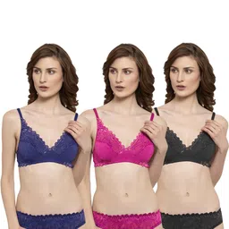 samvar Women Blue,Pink,Black Net Bra Panty Set for Lingerie Set Undergarments Pack of 3-picture-11