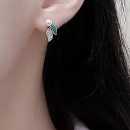 Estailo fashion Artificial Stones & Pearls Studded Leaf Shaped Enamelled Studs image 2