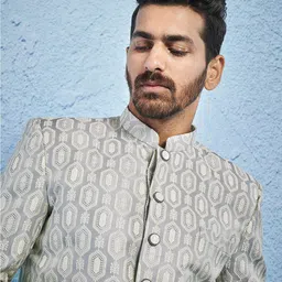 VASTRAMAY Self Design Mandarin Collar Slim-Fit Jacquard Bandhgala Blazers image 2